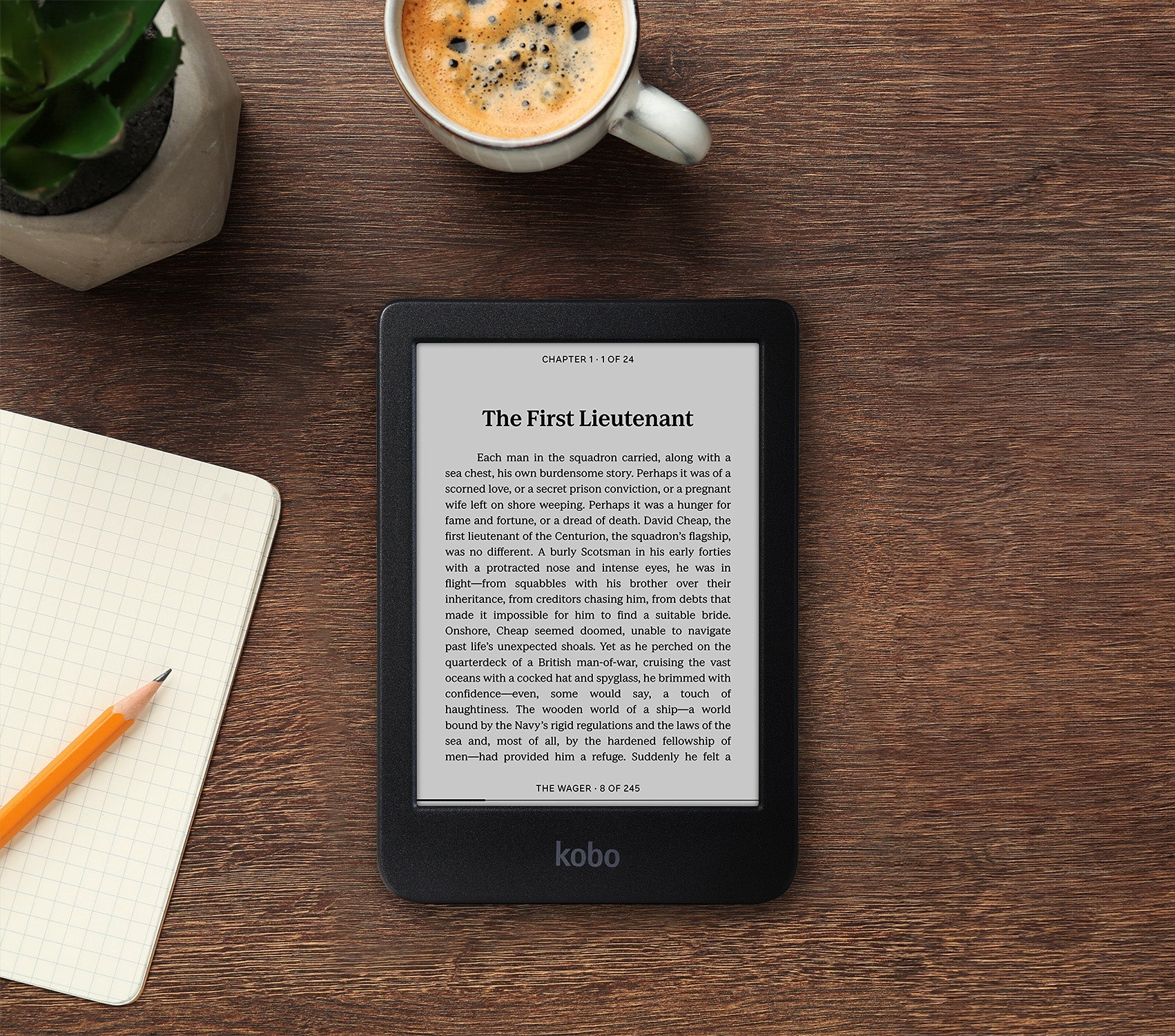 A Kobo Clara BW eReader set on a table, showing Dark Mode on the left side of the screen, and the standard reading experience on the right.