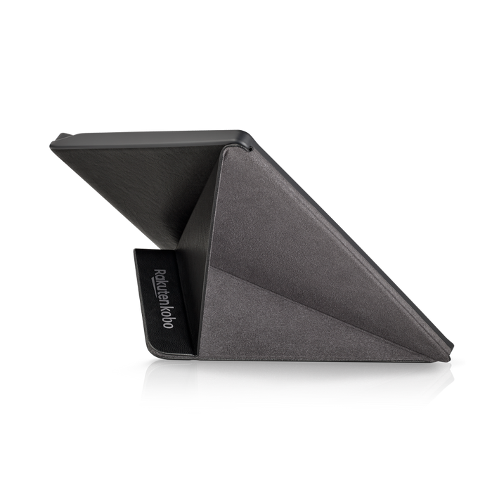 Kobo Forma with black SleepCover in landscape folded into a stand