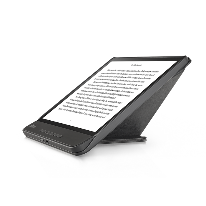 Kobo Forma with black SleepCover in landscape folded into a stand