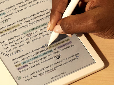 A hand is shown using the Kobo Stylus 2 to write directly in an eBook on a Kobo Libra Colour eReader on a flat surface. On the page, we see colourful annotations and highlights.