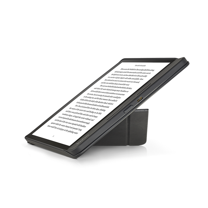 Kobo Forma with black SleepCover in portrait folded into a stand